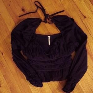 Free People Chloe Smocked Tie Neck Cotton Top